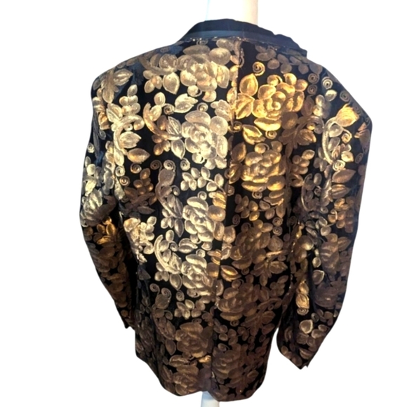 Black Velvet Gold Floral Sequins Modern Harry Styles Inspo Tuxedo Jacket Sz XL - Picture 2 of 12